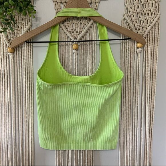AMERICAN EAGLE Women’s Ribbed Seamless Cropped Green Halter Tank Top Size Medium - Picture 5 of 11
